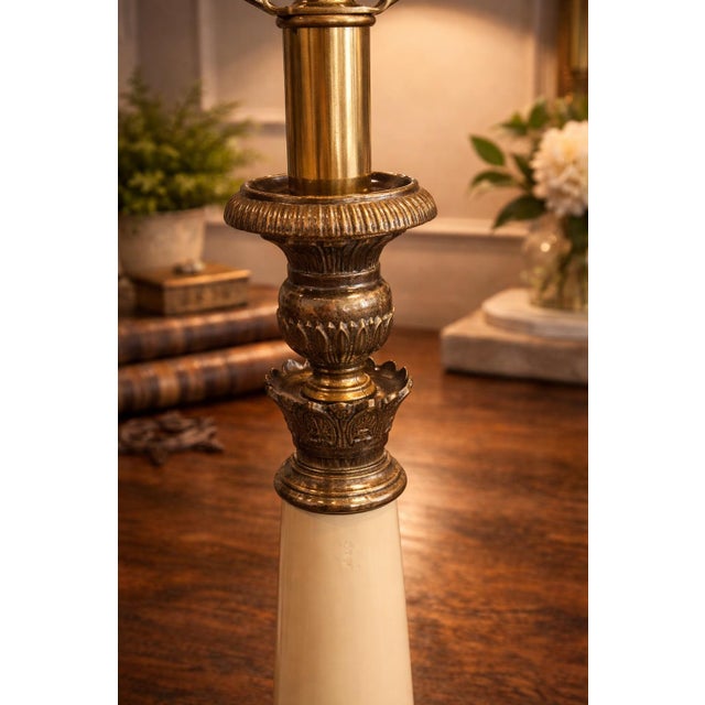 Hollywood Regency Mid 20th Century Elegant 31” Neoclassical Cream & Solid Brass Column Table Lamp For Sale - Image 3 of 12