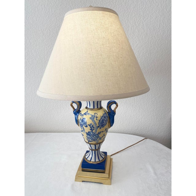Hollywood Regency Late 20th Century Exquisite Blue, Yellow, & White Floral & Striped Porcelain/Ceramic Urn/Vase Style Solid Brass Base & Upper Lamp Excellent Condition. For Sale - Image 3 of 14