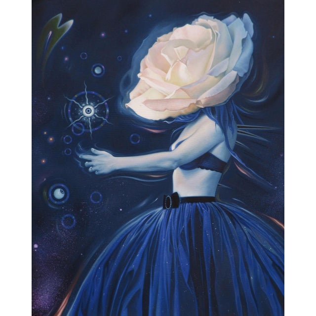 Transcendance by Sybiline | Oil on canvas Woman with a rose for a head in a dark cosmic setting. For Sale