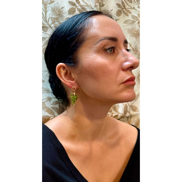 Natural Peridot Briolette and Diamond Hanging Earrings 18 Karat Yellow Gold For Sale - Image 14 of 18
