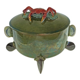 Late 20th Century Olive Green Majolica Crab Lidded Serving Tureen Portugal Palissy Ware Coastal Decor For Sale