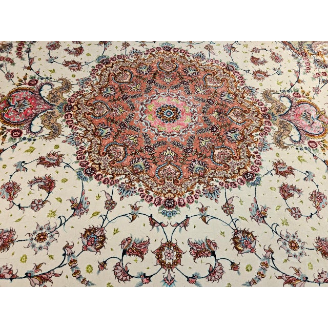 Vintage Persian Tabriz Rug, Hand-Knotted Wool & Silk, Floral Pattern, Ivory & Pink, 8x12 For Sale - Image 18 of 18