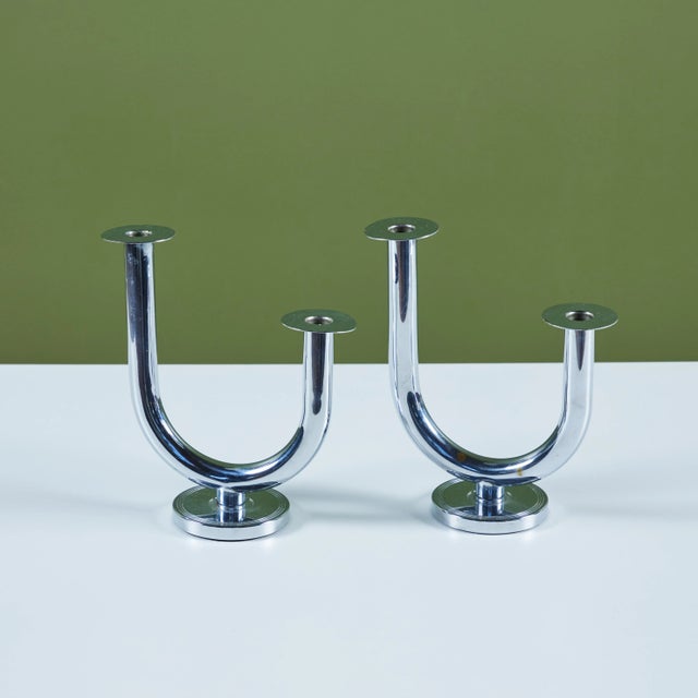 Metal Pair of Chrome 'Taurex' Candlestick Holders by Walter Von Nessen for Chase For Sale - Image 7 of 11