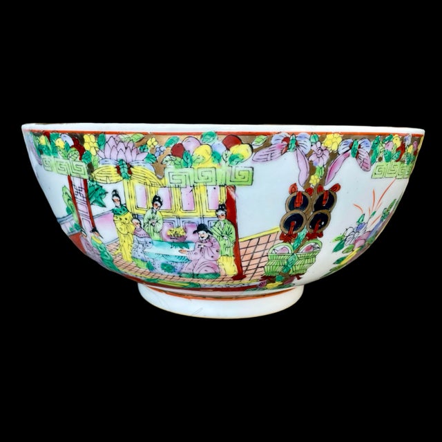 Vintage Chinese Famille Rosé Large Hand-Painted Ceramic Punch Bowl With Gold Gilt Trim For Sale In San Diego - Image 6 of 11