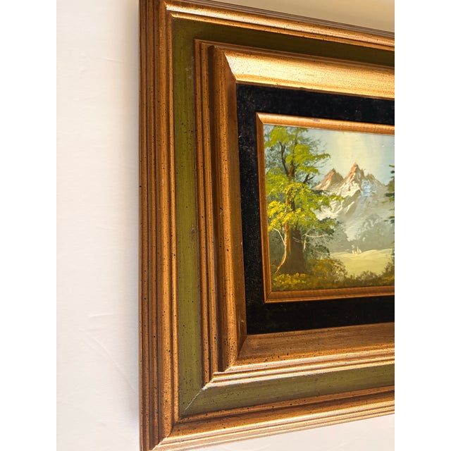 Bright Green Vintage Mid-Century Modern Mountain Lake Oil Painting Signed Kelly Wood Velvet Frame For Sale - Image 8 of 10