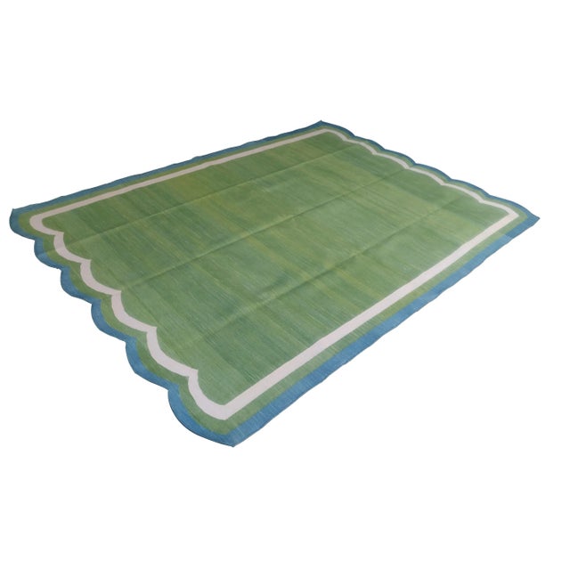 Handmade Cotton Scalloped Rug, Moss Green with Cream and Blue Border 6'x9' For Sale - Image 6 of 6