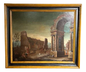 Gaetano Ottani, Capriccio with Ruins and Wayfarers, Oil on Canvas, Framed