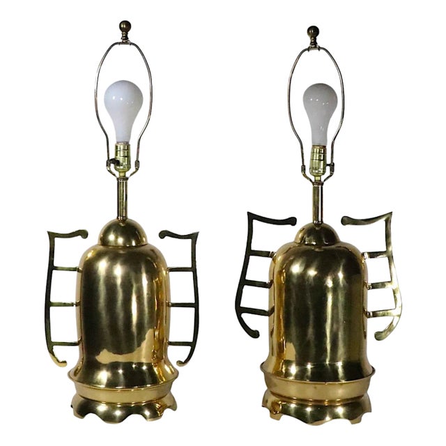 Pr. Asia Modern Hollywood Regency Style Brass Table Lamps C. 1970/80's For Sale