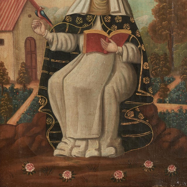 Brown Antique Religious Mexican Painting of a Female Saint For Sale - Image 8 of 11