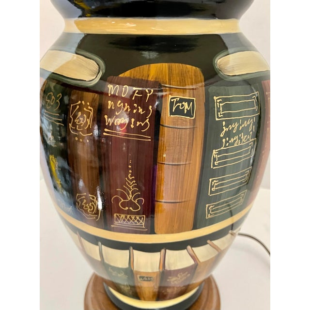 1960's Ceramic Table Lamp With Trompe l'Oeil Library Books Painting For Sale - Image 9 of 12