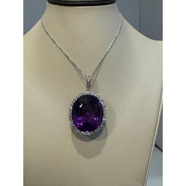 80 Carat Amethyst & 3.5 ct Diamond Pendant Necklace 14 Karat White Gold + Chain For Sale - Image 17 of 18