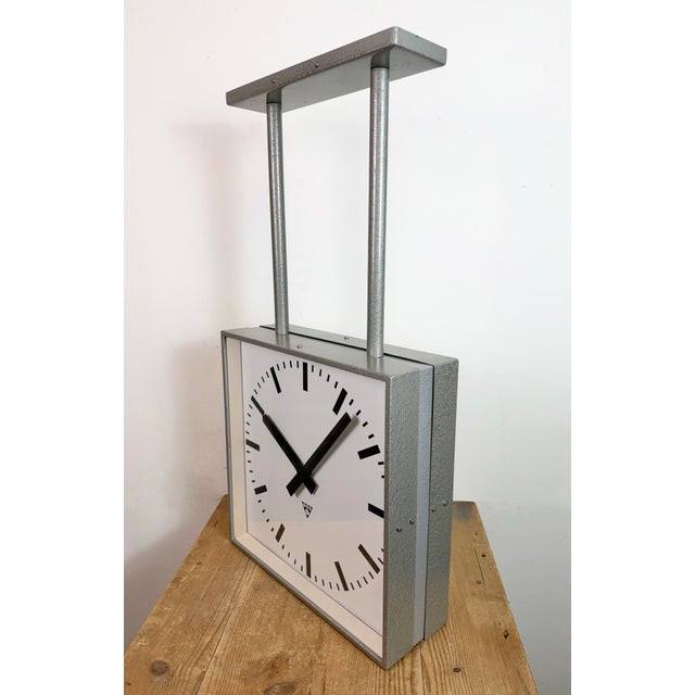 Gray Large Industrial Double-Sided Factory Clock from Pragotron, 1970s For Sale - Image 8 of 18