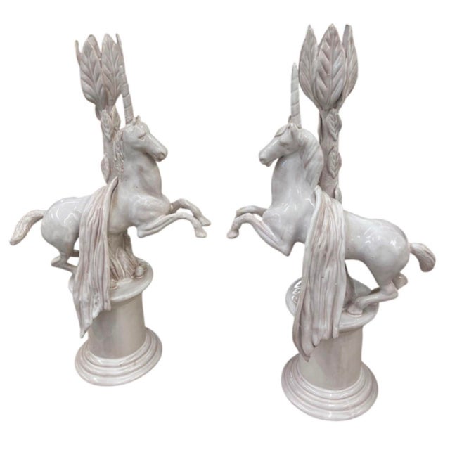 2000 - 2009 Vintage Ceramic Rearing Unicorn and Leaf Pillar Candleholders For Sale - Image 5 of 12