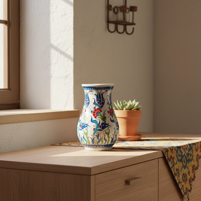 Handmade Ceramic Pear Vase (20cm) – Red Carnations & Intertwining Blue Leaves – Classic White Ground For Sale - Image 6 of 8