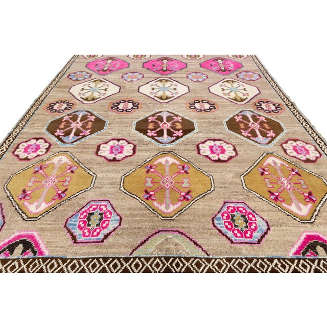 Brown 10 X 13 Modern Handcrafted Turkish Kars Designed Wool Rug in Light Brown For Sale - Image 8 of 11