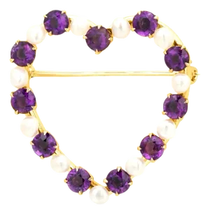 1970s 14k Yellow Gold Heart Shaped Pin With Semi Baroque Pearls and Amethysts
