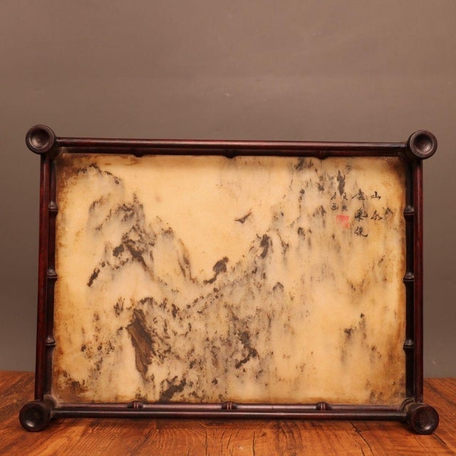 Wood Vintage Rosewood Bamboo-Form Frame & Marble Landscape Tea Tray For Sale - Image 7 of 9