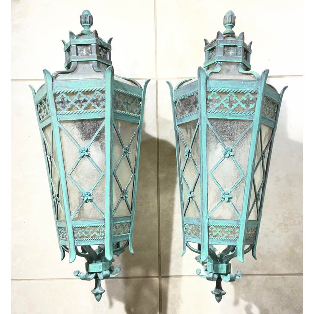 Large Pair of Handcrafted Wall-Mounted Solid Brass Lanterns / Sconces For Sale - Image 14 of 18