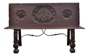 Antique 17th Century English Renaissance Carved Oak and Wrought Iron Bench Banquette