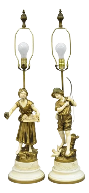 Antique French Victorian Moreau Figural Metal Boy and Girl Table Lamps (B), Pair