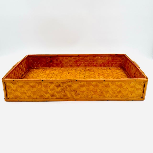 1970s Vintage Chinese Bamboo Serving Tray Woven Split Rattan For Sale - Image 5 of 10