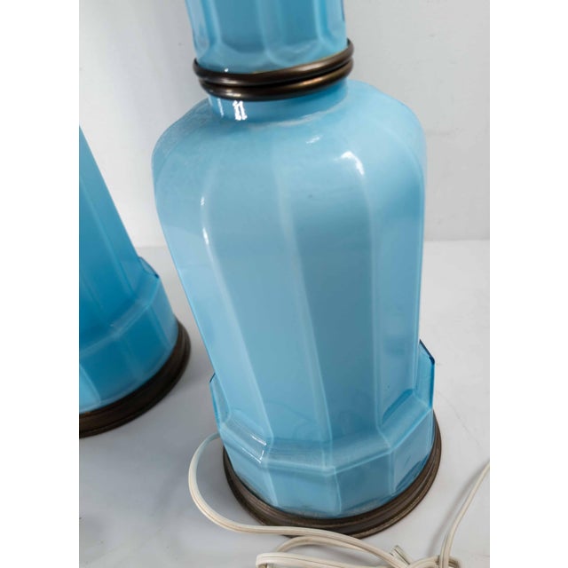 Early 20th Century Pair of French Baby Sky Blue Opaline Glass Table Lamps For Sale - Image 11 of 14