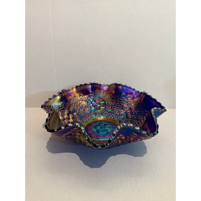 Fenton Cobalt Blue Marigold Carnival Glass Cherry Chain Scalloped Bowl For Sale - Image 6 of 11
