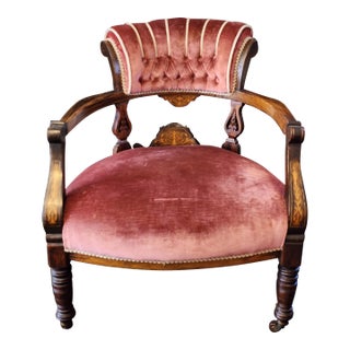 19th Century Antique Victorian Velvet Marquetry Fauteuil Parlor Armchair For Sale