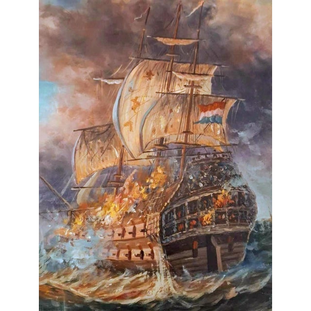 Powerful Dutch marine painting depicting a fierce naval engagement. A large Dutch warship is engulfed in flames at the...