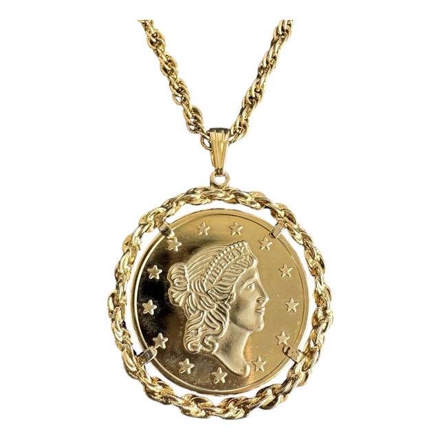 Vintage Gold Coin Necklace Bicentennial 1776-1976 Rope Chain Estate Jewelry For Sale