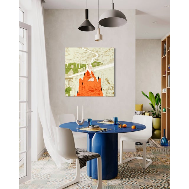 Food Lady depicts a seated female figure dressed in vivid orange, set within a landscape of green hills, wind turbines,...