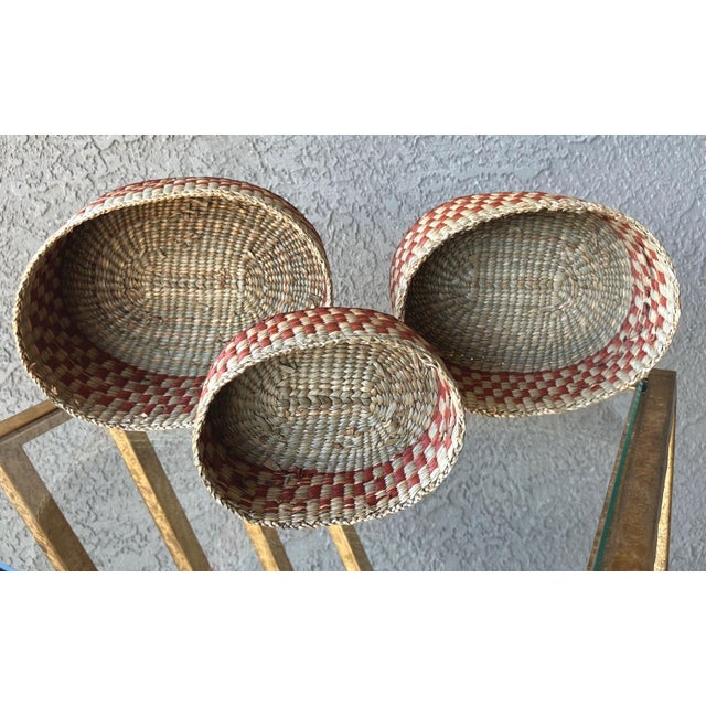 Circa 1970 Colorful & Artfully Handwoven Nested Trio of Oblong Lidded Grass Baskets For Sale - Image 9 of 12