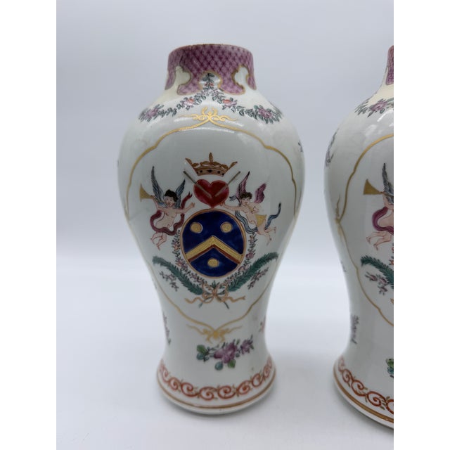 Antique Chinese Export Armorial Famille Rose Porcelain Urns, Qianlong Period, Circa 1790–1810, Pair For Sale - Image 4 of 18