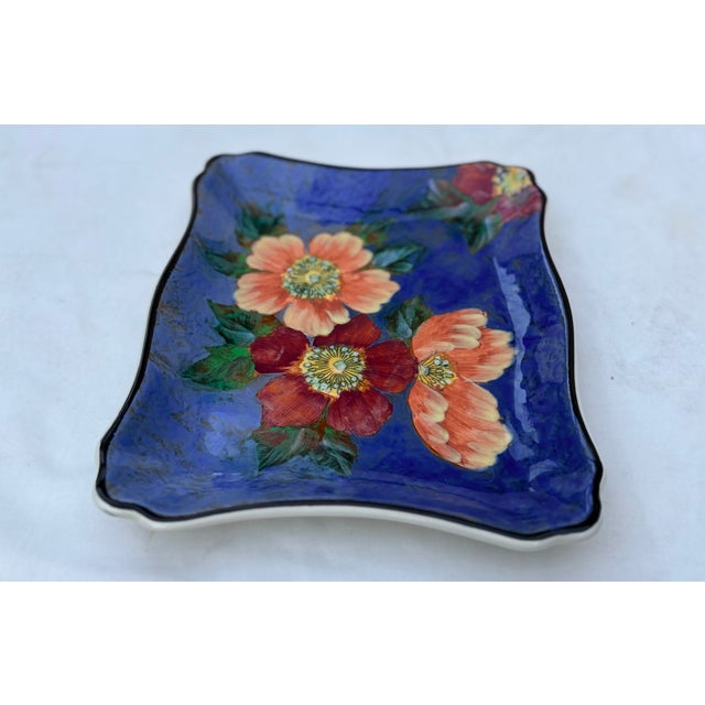1940s 1940's Wild Roses Cobalt Blue Ceramic Catchall Dish For Sale - Image 5 of 7