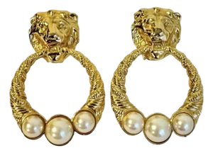 Vintage Lion Head Door Knocker Earrings Clip on Gold Tone Faux Pearl 90s Maximalist Jewelry
