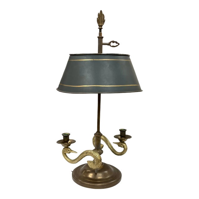 Vintage Chapman Brass Swan Candlestick Lamp With Tole Lampshade For Sale