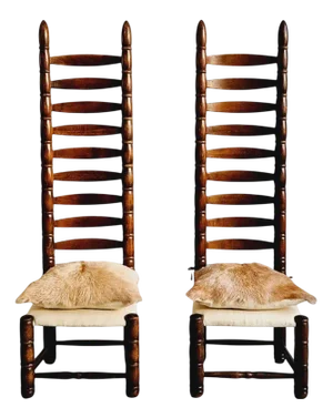 Set of Spanish High Back Ladder Chairs with Goatskin and Linen Seats, 1940s