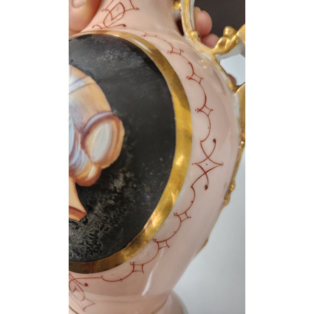 Antique Bohemian Pink Portrait Porcelain Vase With Gilt Handles, Circa 1900 For Sale - Image 16 of 17