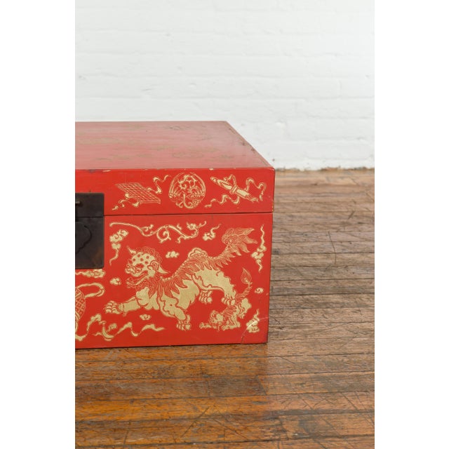 Red Red Lacquered Chinese Blanket Chest with Gilt Motifs and Guardian Lions For Sale - Image 8 of 12