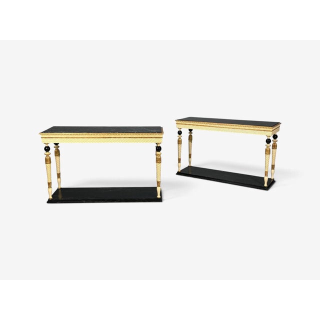 Wood Maison Jansen Attr, Neoclassical Style Console Tables, Carved Wood, Black Marble For Sale - Image 7 of 17