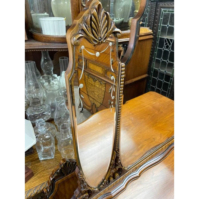 Brown Antique 1930's Bedroom Mirrored Dresser, Hand Carved Walnut, Burl Inlay, Beveled Glass, 5 Drawers For Sale - Image 8 of 15