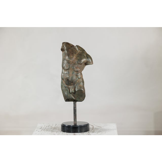 Metal Late 20th Century Small Male Torso Bronze Sculpture on Circular Marble Base For Sale - Image 7 of 15