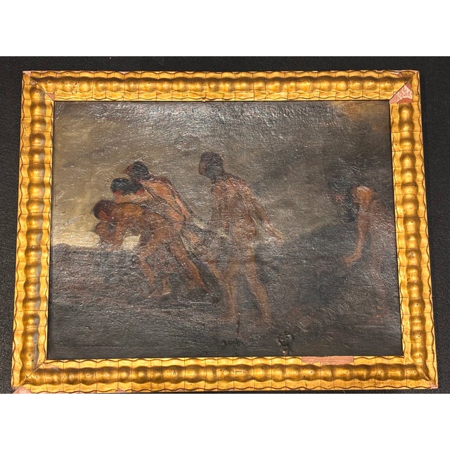 Really great unsigned oil painting of workers in progress on wood canvas. The frame shows some wear and tear that can be...