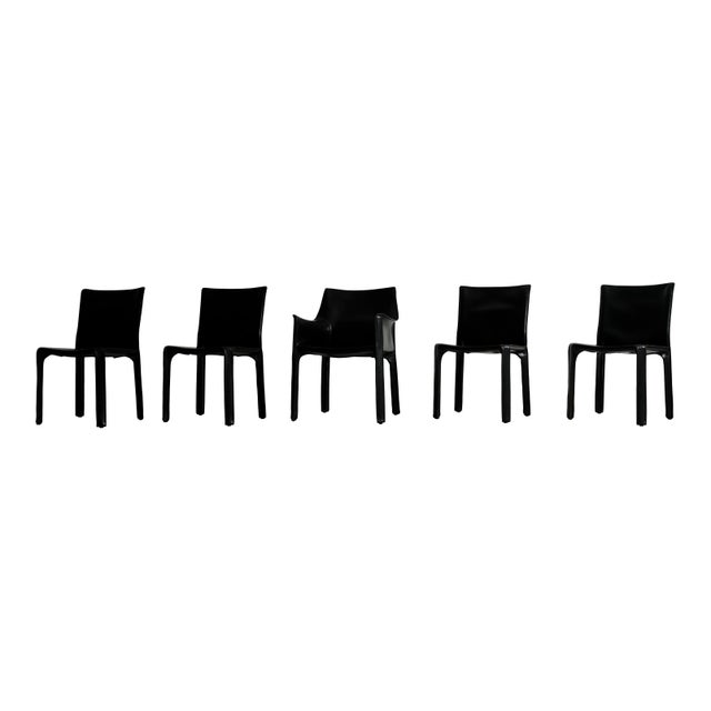Animal Skin Vintage Cab Dining Chairs in Black Leather by Mario Bellini for Cassina, 1977, Set of 5 For Sale - Image 7 of 18