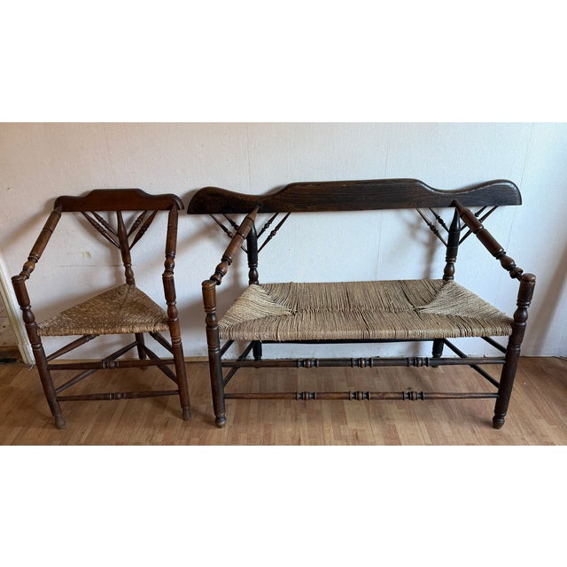 Vintage Dutch Wicker Wooden Armchair and Sofa, 1920s, Set of 2 For Sale - Image 13 of 17