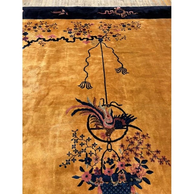 1920s 1920s Gold Field Vase Spray Flowers Shou Symbols Antique Chinese Art Deco Rug For Sale - Image 5 of 9