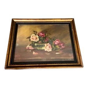 Pisa Pardesi, Large Antique Roses Oil on Canvas Painting, Circa 1900