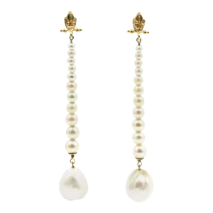 Long Pearl Yellow Gold Leaf Drop Dangle Earrings - 2 Pieces