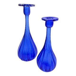 Vintage Cobalt Blown Glass Candle Holders- a Pair For Sale