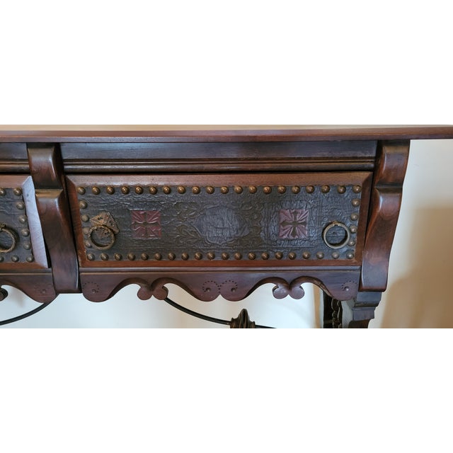Antique Spanish Revival Sideboard With Tooled Leather Drawers Fronts & Brass Tacks
